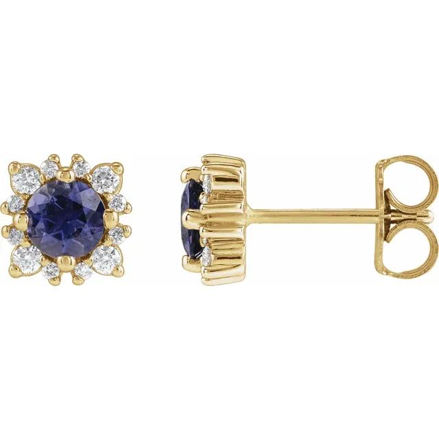 14K Yellow Gold 4 mm Natural Iolite &amp; 1/6 CTW Natural Diamond Halo-Style Earrings