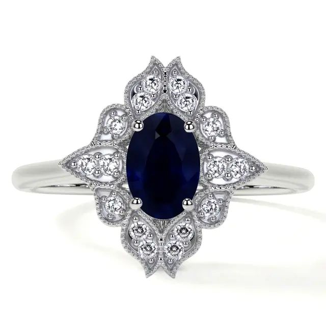 Natural Blue Sapphire Oval Vintage Ring with Pave Set Diamond Halo (1.12cttw) in 14k White Gold - AA Quality