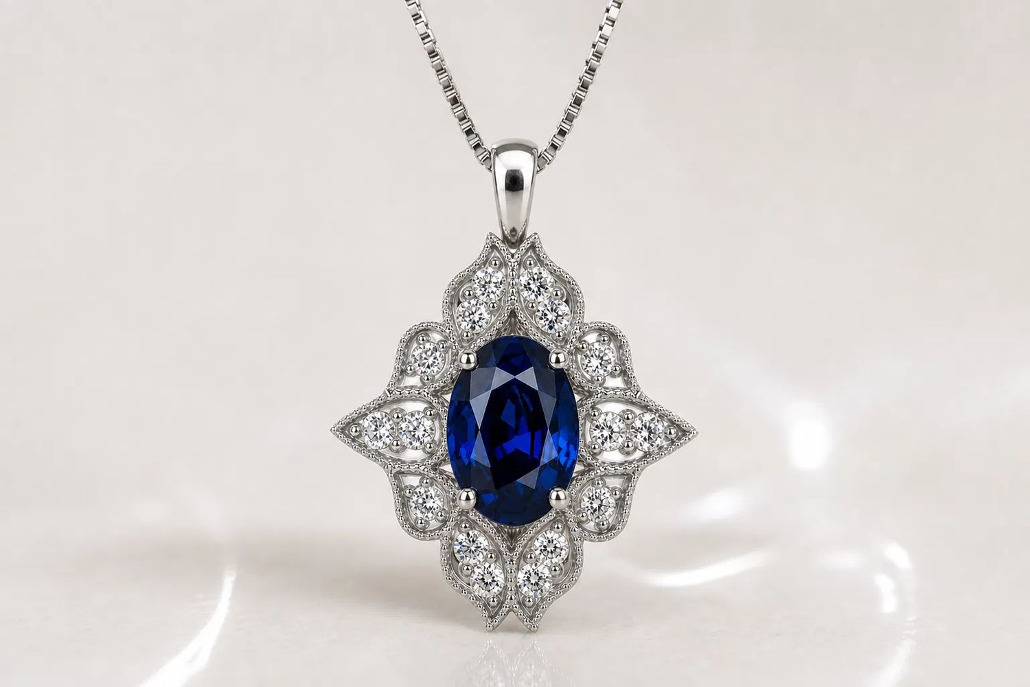 Natural Blue Sapphire Oval Vintage Pendant with Pave Set Diamond Halo (2.72cttw) in 14k White Gold - AA Quality