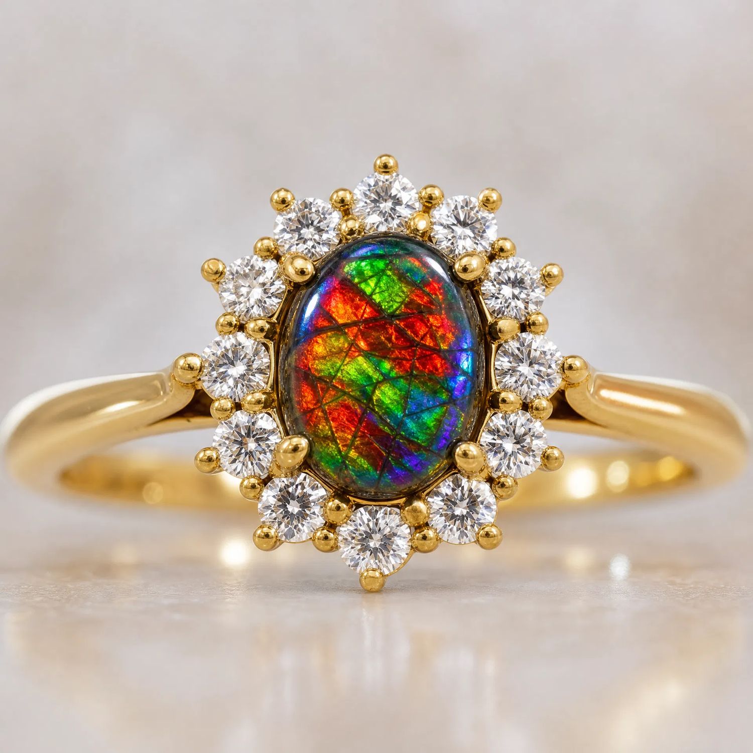 14K Yellow Gold 7x5 mm Cabochon Ammolite and Diamond Halo Ring