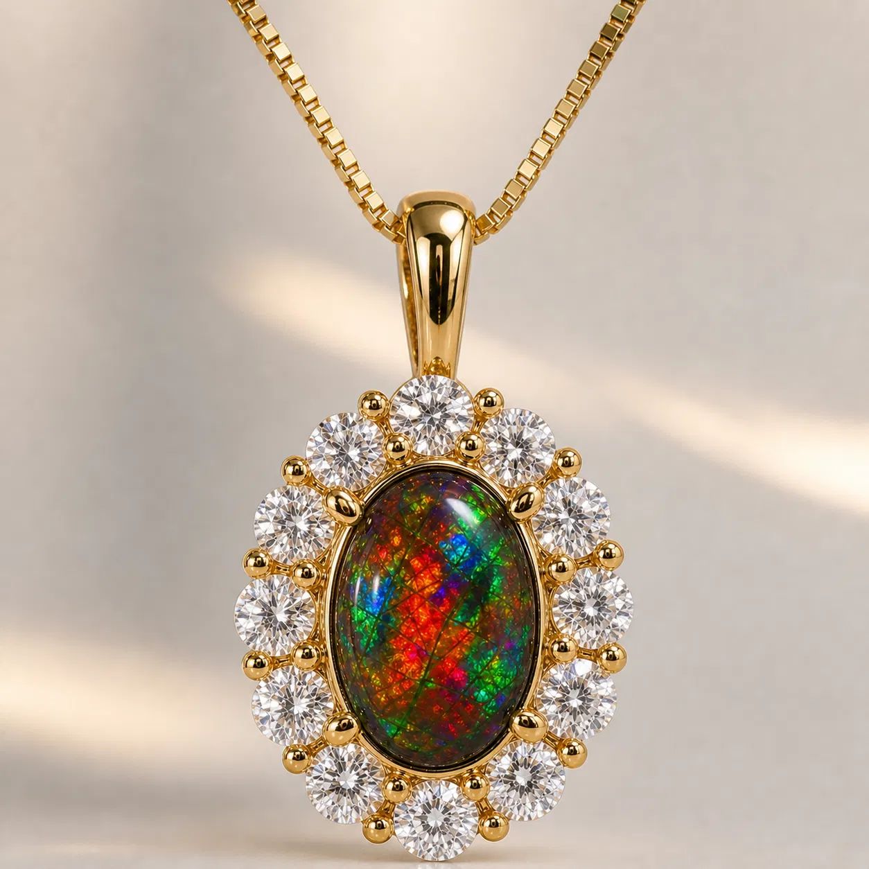 14K Yellow Gold 7x5 mm  Cabochon Oval Ammolite and1/3 CTW Natural Diamond Pendant