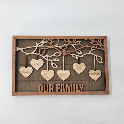 Wood - Hanging Hearts Family Name Sign - CUSTOM (1 - 12 hearts)
