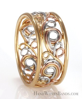 Rainbow Ring made with platinum, 18k yellow gold and 14k rose gold. Artistic Swirl.