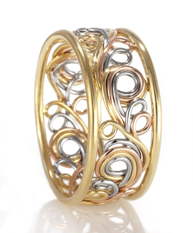 Rainbow Ring made with platinum, 18k yellow gold and 14k rose gold. Artistic Swirl., Outer Bands: 18k Yellow Gold