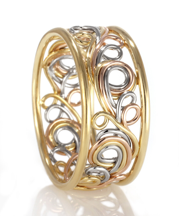 Rainbow Ring made with platinum, 18k yellow gold and 14k rose gold. Artistic Swirl.