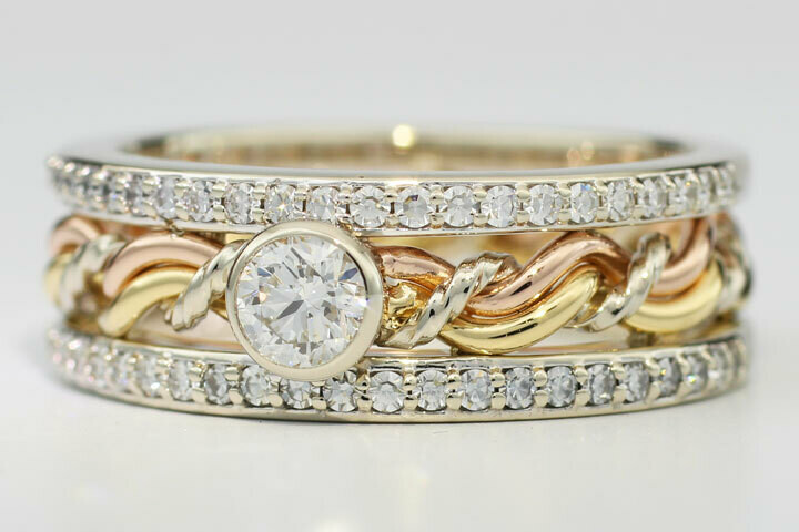 Diamond Set in a Cord of Three™ Ring with Diamond Outer Bands