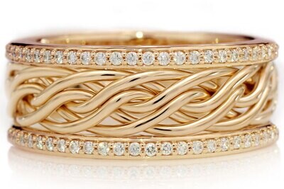Six Strand Open Weave Handmade Braided Wedding Ring with Diamond Outer Bands