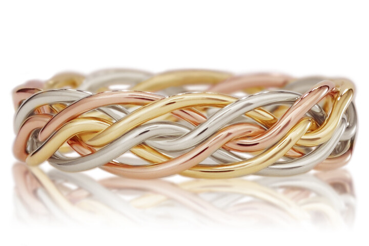 Six Strand Open Weave Ring - Tri-Tone Braid In 14k Rose Gold, 18k Yellow Gold & Platinum