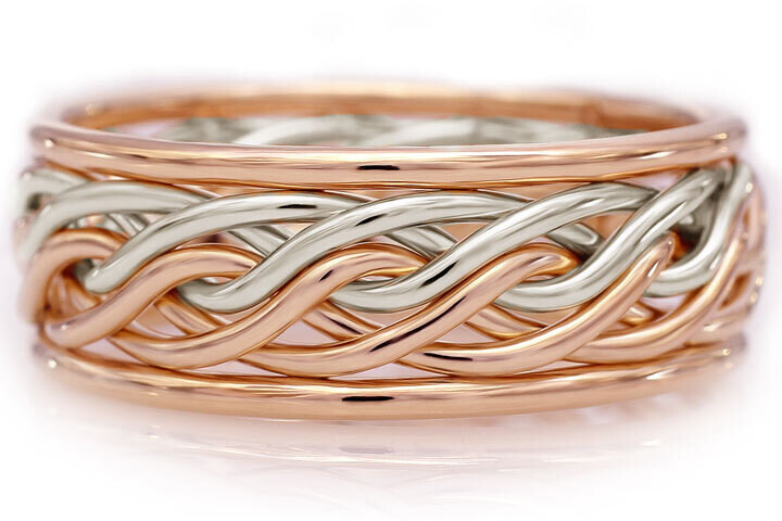 Six Strand Open Weave Ring with Outer Bands -Two-Tone Braid Platinum & 14k Rose Gold