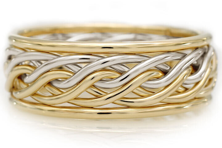 Six Strand Open Weave Ring with Outer Bands - Two-Tone Braid Platinum & 18k Yellow Gold