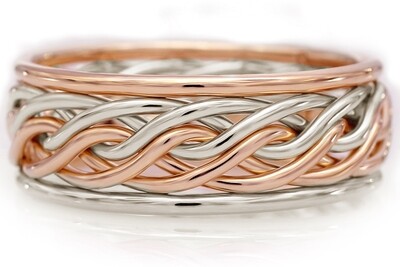 Six Strand Open Weave Ring with Outer Bands -Two-Tone Braid Platinum & 14k Rose Gold, Outer Band Metals: Reversed Platinum & 14k Rose Gold, Outer Band Style: Round Outer Bands, Braid Width (~8.1mm Shown): OB620VPR (~7.1mm with Outer Bands)