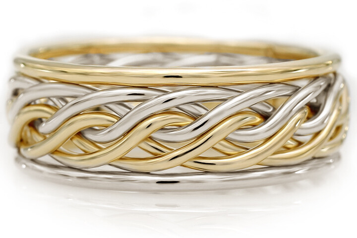 Six Strand Open Weave Ring with Outer Bands - Two-Tone Braid Platinum & 18k Yellow Gold, Outer Band Metals: Reversed Platinum & 18k Yellow, Outer Band Style: Round Outer Bands, Braid Width (~8.1mm Shown): OB620VP18k (~7.1mm with Outer Bands)