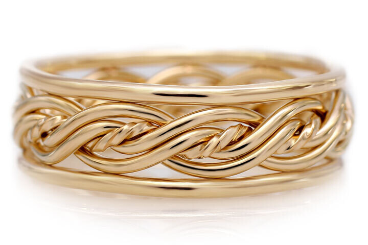 Five Strand Twist Weave Ring with Outer Bands in Yellow Gold