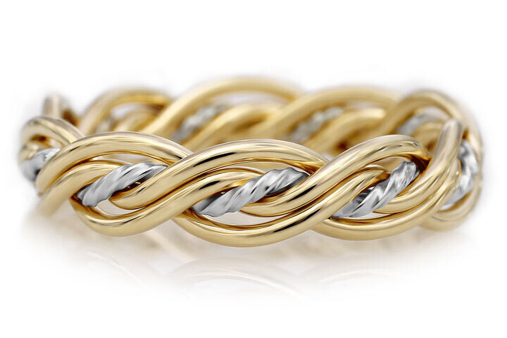 Five Strand Twist Weave Ring Two Tone Braid Platinum 18k Yellow Gold
