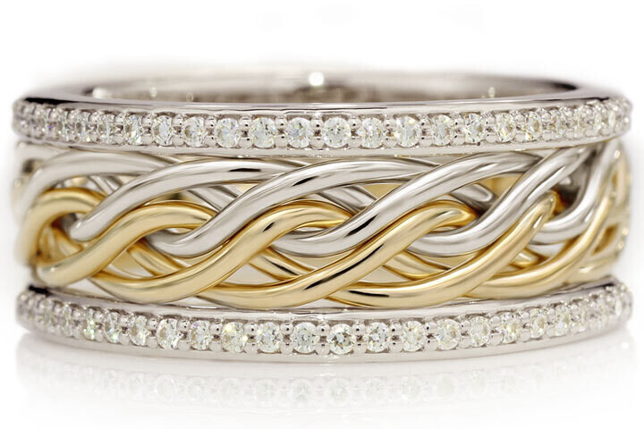 Six Strand Open Weave Ring with Diamond Outer Bands - Two-Tone Braid Platinum & 18k Yellow Gold