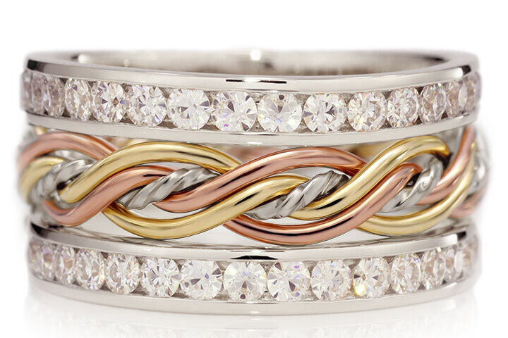 Five Strand Twist Weave Ring with Diamond Outer Bands - Tri-Tone
