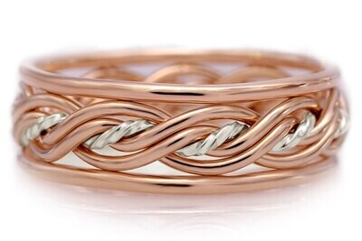 Five Strand Twist Weave Ring with Outer Bands -Two-Tone Braid Platinum & 14k Rose Gold, Braid Width (~8.4mm Shown): OB520TPR (~7.4mm with Outer Bands), Inner Braid Metals: Surrounding Strands: 14k Rose Gold. Center Strand: Platinum, Outer Band Style: Round Outer Bands, Outer Band Metal: 14k Rose Gold