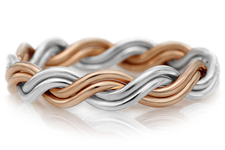 Four Strand Two Tone Braided Ring in Platinum & 14k Rose Gold