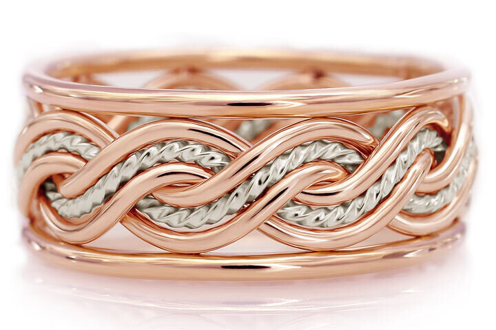 Six Strand Closed Weave Ring with Outer Bands - Two-Tone Braid Platinum & 14k Rose Gold, Inner Braid: Surrounding: 14k Rose Gold/Center: Platinum, Outer Band Style: Round Outer Bands, Outer Band Metals: 14k Rose Gold