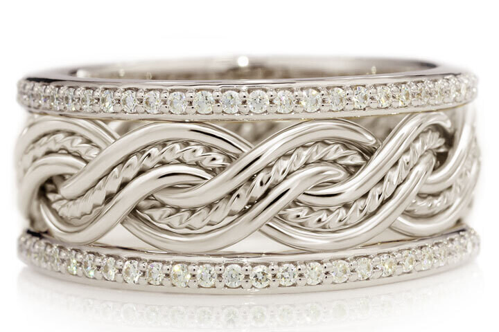 Six Strand Closed Weave Ring with Outer Bands - Platinum