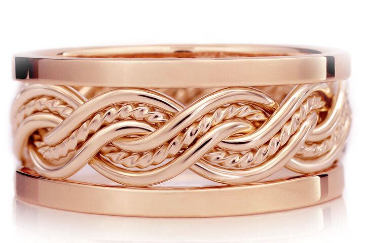 Six Strand Closed Weave Ring with Outer Bands - 14k Rose Gold