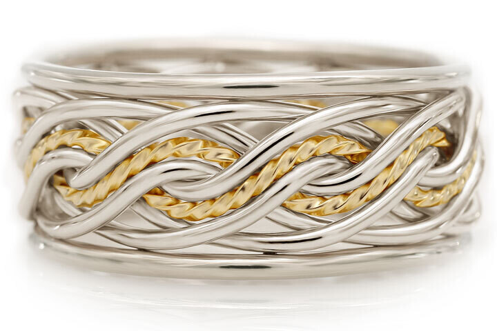 Eight Strand Double Weave with Outer Bands Two-tone Ring, Inner Braid: Surrounding: Platinum. Center Strand: 18k Yellow, Outer Band Style: Round Outer Bands, Outer Band Metal: Platinum