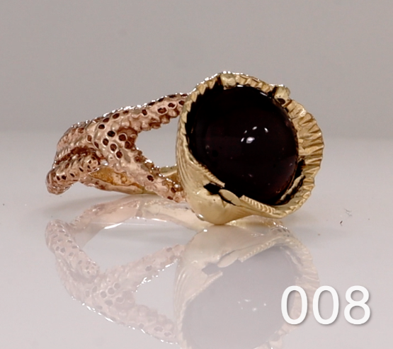 Gold Coral Ring with Garnet and 14k Rose Gold- Size 6