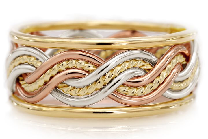 Six Strand Closed Weave Tri Tone Braided Ring With Outer Bands