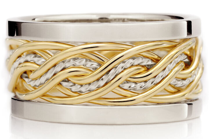 Eight Strand Double Weave Two Tone Braided Ring in Platinum & 18k Yellow Gold with Outer Bands
