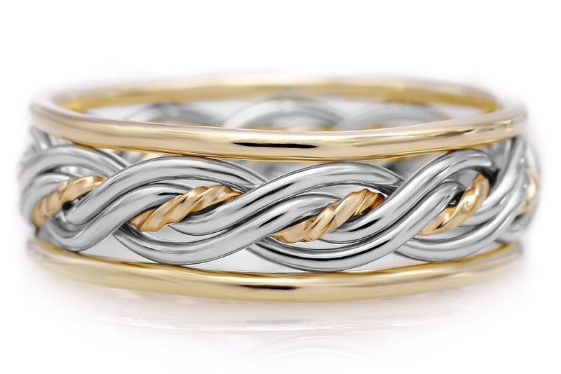 Five Strand Two Tone Braided Ring in Platinum & 18k Yellow Gold with Outer Bands
