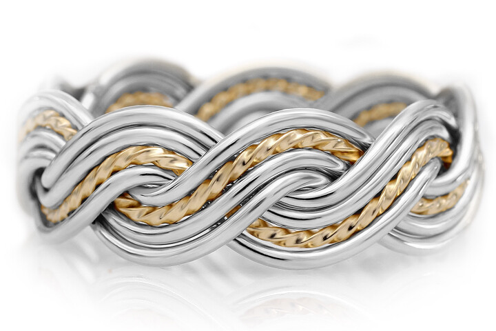 Eight Strand Closed Weave Two Tone Braided Ring in Platinum & 18k Yellow Gold