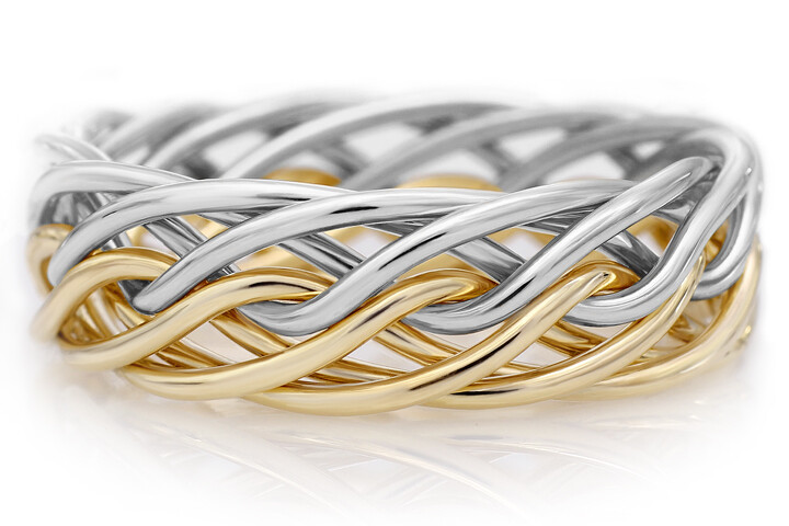 Eight Strand Open Weave Two Tone Braided Ring in Platinum & 18k Yellow Gold
