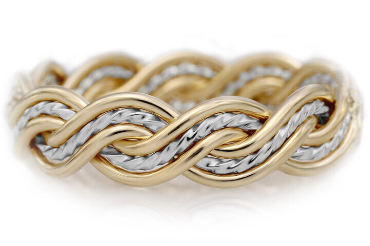 Six Strand Closed Weave Two Tone Braided Ring in Platinum & 18k Yellow Gold without Outer Bands