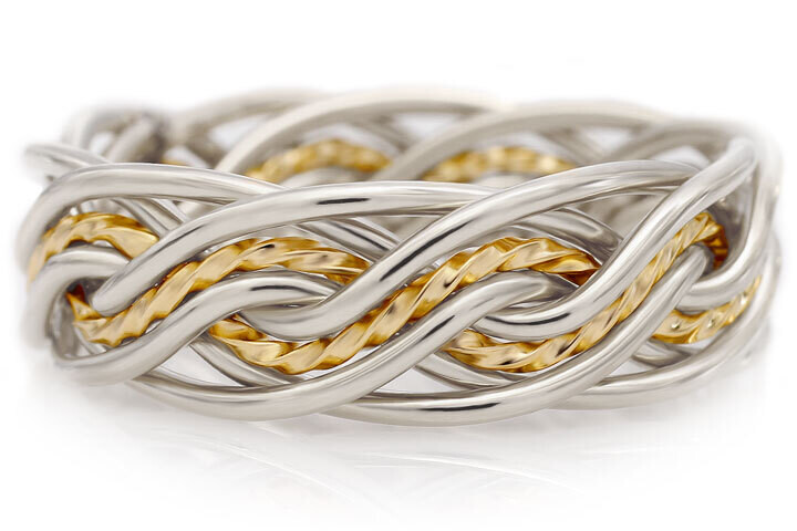 Eight Strand Double Weave Two Tone Braided Ring in Platinum & 18k Yellow Gold without Outer Bands