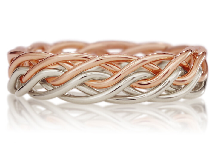 Six Strand Open Weave Two Tone Braided Ring in Platinum & 14k Rose Gold without Outer Bands