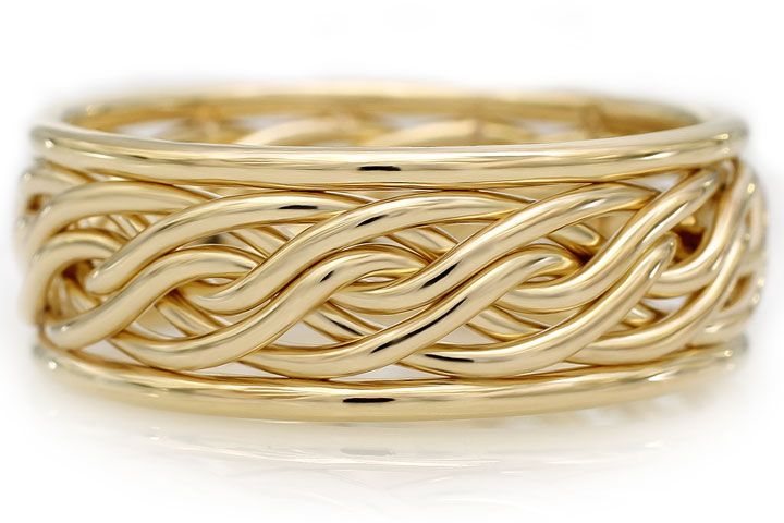 Six Strand Open Weave Braided Ring in Yellow Gold with Outer Bands