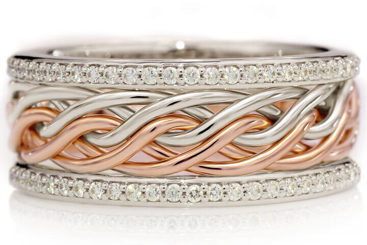 Six Strand Open Weave Two Tone Braided Ring in Platinum & 14k Rose Gold with Diamond Outer Bands