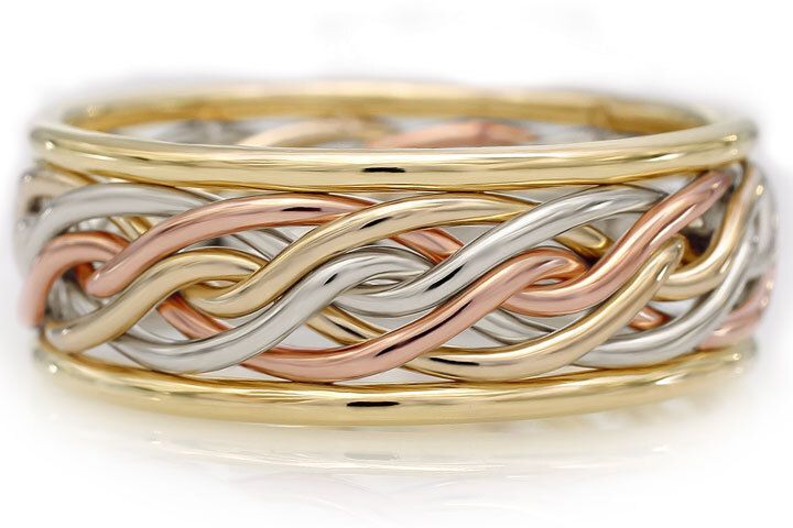 Six Strand Open Weave Tri Tone Braided Ring With Outer Bands