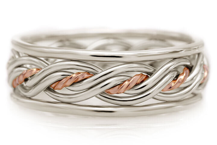 Five Strand Two Tone Braided Ring in Platinum & 14k Rose Gold with Outer Bands