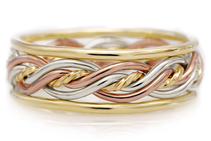 Five Strand Braided Ring in Tri-Tone with Outer Bands