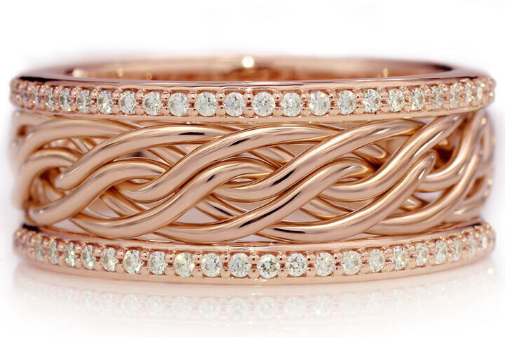 Six Strand Open Weave Braided Ring in 14k Rose Gold with Diamond Outer Bands