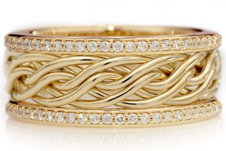Six Strand Open Weave Braided Ring in Yellow Gold with Diamond Outer Bands