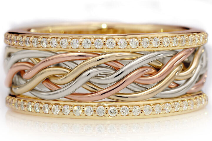 Six Strand Open Weave Tri Tone Braided Ring With Diamond Outer Bands