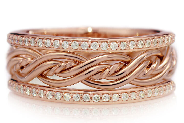 Five Strand Braided Ring in 14k Rose Gold with Diamond Outer Bands