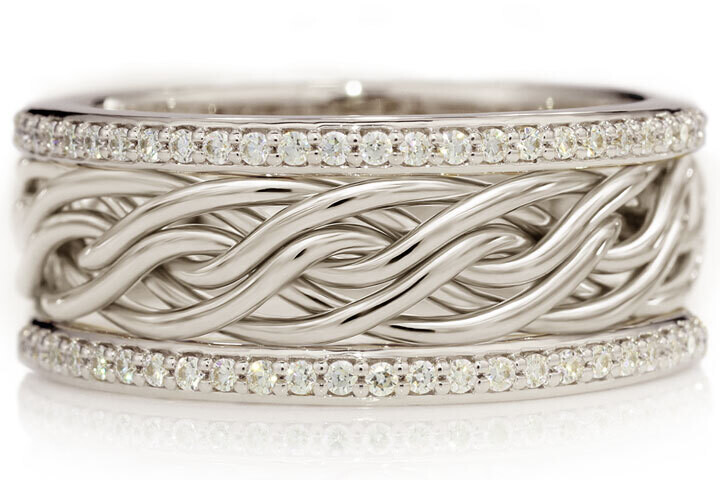 Six Strand Open Weave Braided Ring in Platinum with Diamond Outer Bands