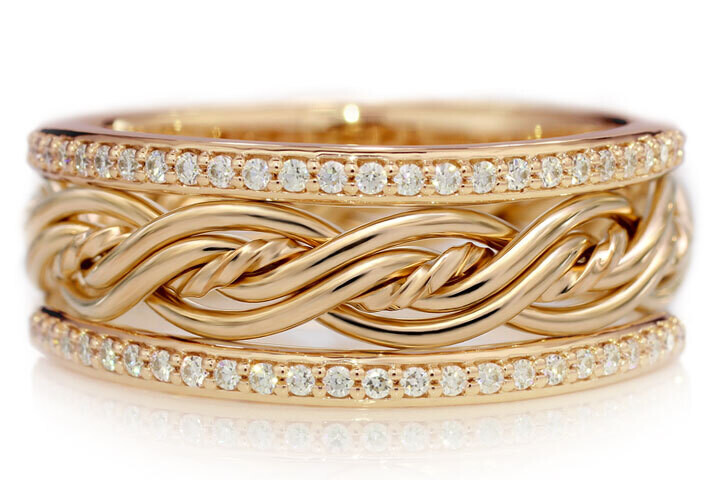Five Strand Braided Ring in Yellow Gold with Diamond Outer Bands