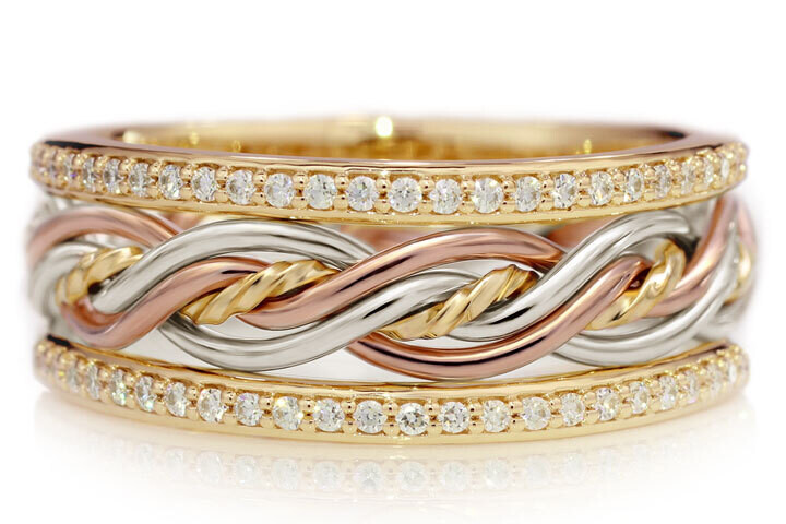 Five Strand Braided Ring in Tri-Tone with Diamond Outer Bands