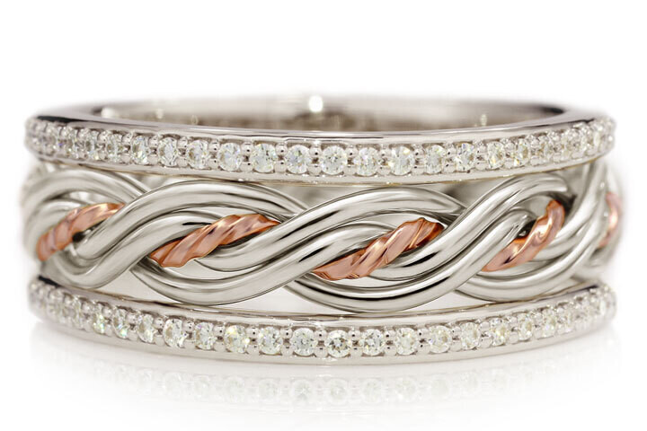 Five Strand Two Tone Braided Ring in Platinum & 14k Rose Gold with Diamond Outer Bands