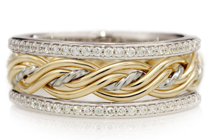 Five Strand Two Tone Braided Ring in Platinum & 18k Yellow Gold with Diamond Outer Bands