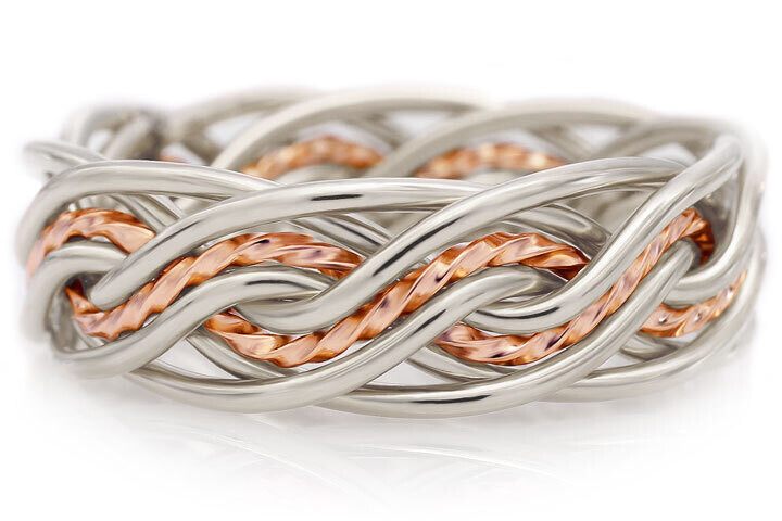 Eight Strand Double Weave Two Tone Braided Ring in Platinum & 14k Rose Gold without Outer Bands